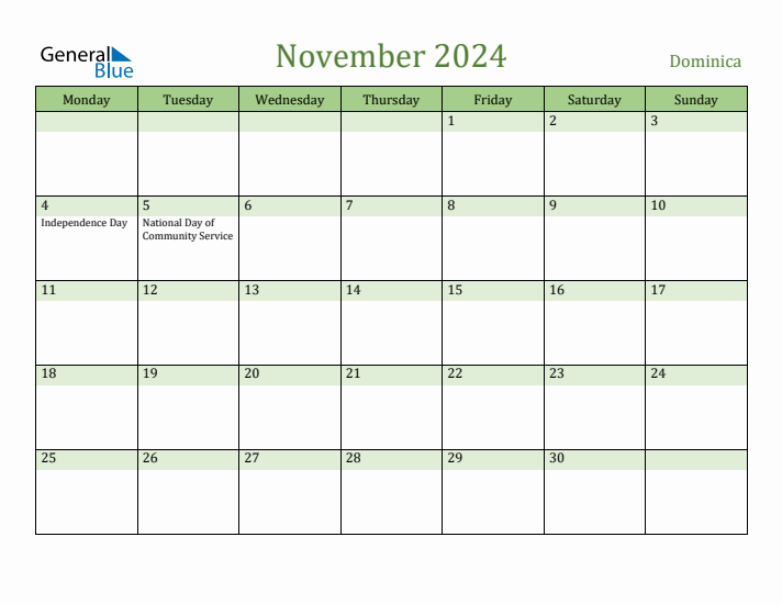 November 2024 Calendar with Dominica Holidays