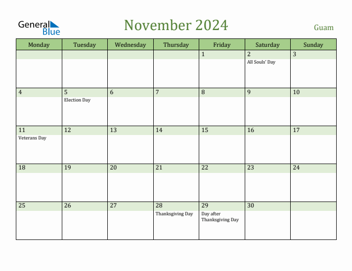November 2024 Calendar with Guam Holidays