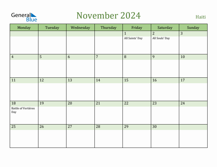 November 2024 Calendar with Haiti Holidays
