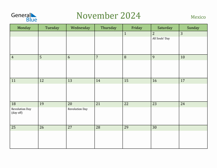 November 2024 Calendar with Mexico Holidays