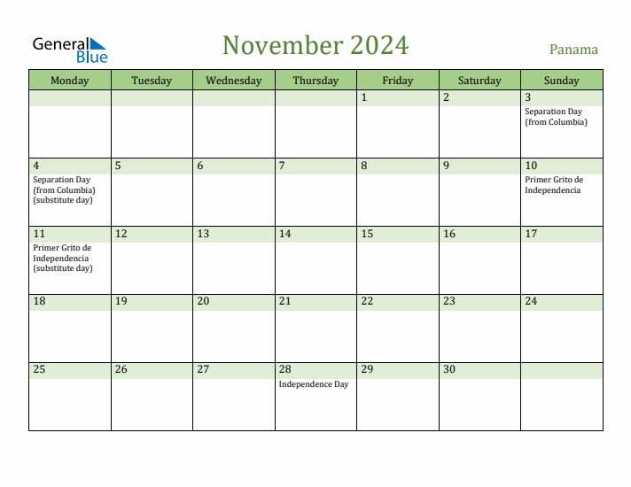 November 2024 Calendar with Panama Holidays