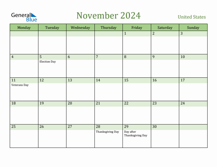 November 2024 Calendar with United States Holidays