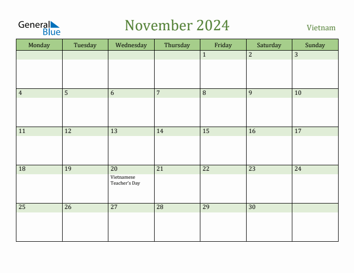 November 2024 Vietnam Monthly Calendar with Holidays
