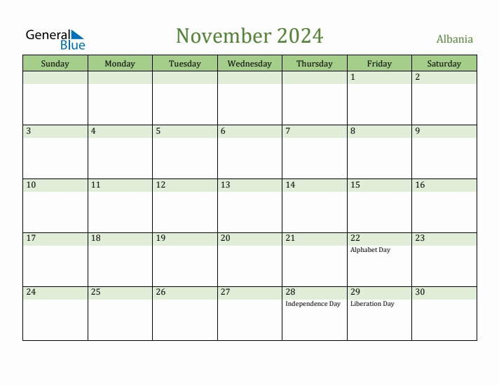 November 2024 Calendar with Albania Holidays