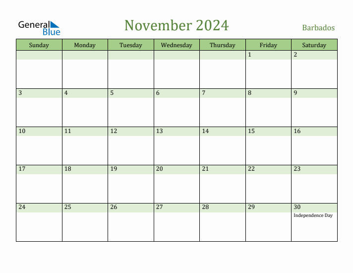 November 2024 Calendar with Barbados Holidays
