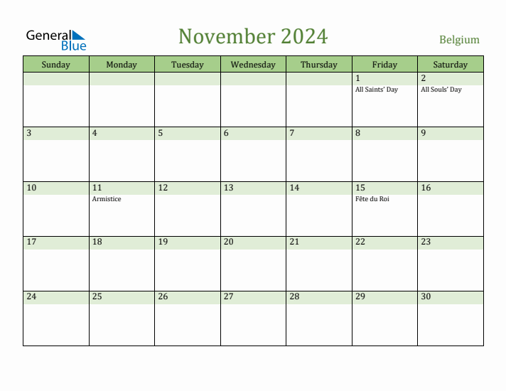 November 2024 Calendar with Belgium Holidays