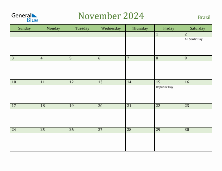 November 2024 Monthly Calendar with Brazil Holidays
