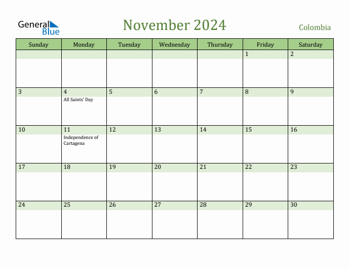 November 2024 Calendar with Colombia Holidays