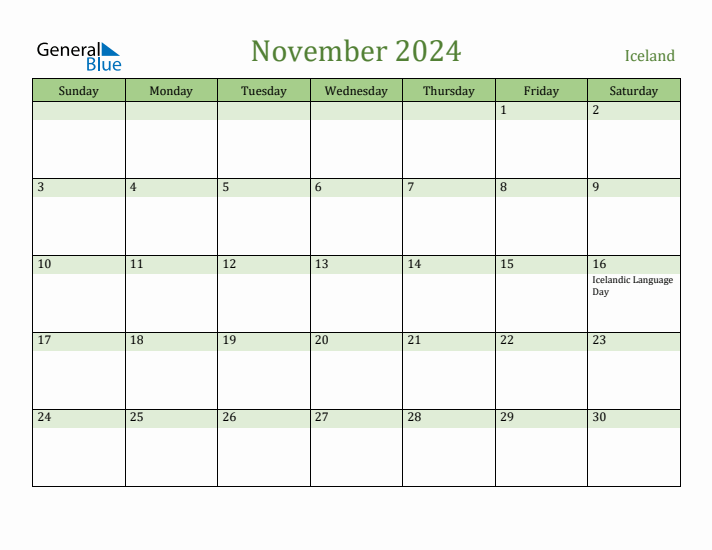 November 2024 Calendar with Iceland Holidays