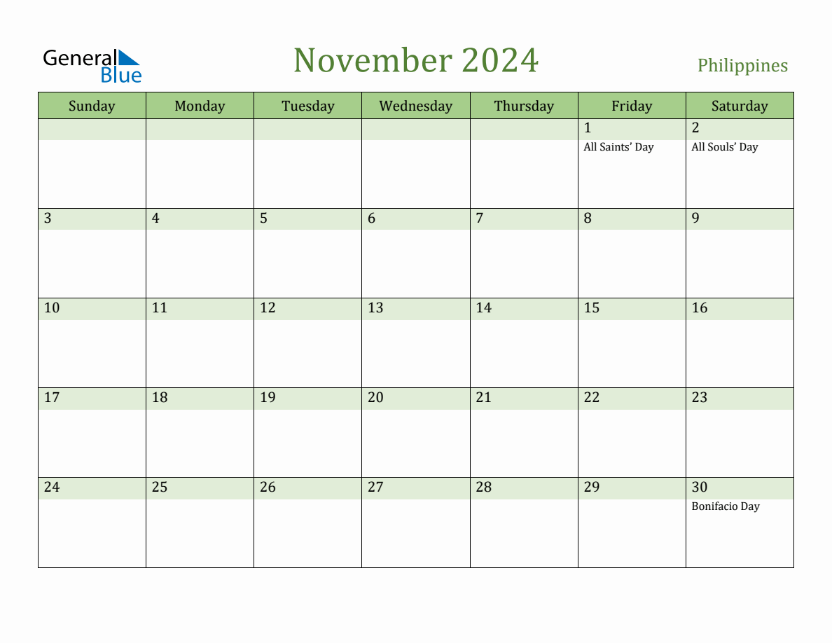 Fillable Holiday Calendar for Philippines November 2024