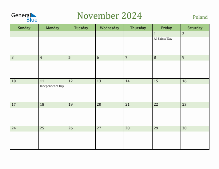 November 2024 Calendar with Poland Holidays