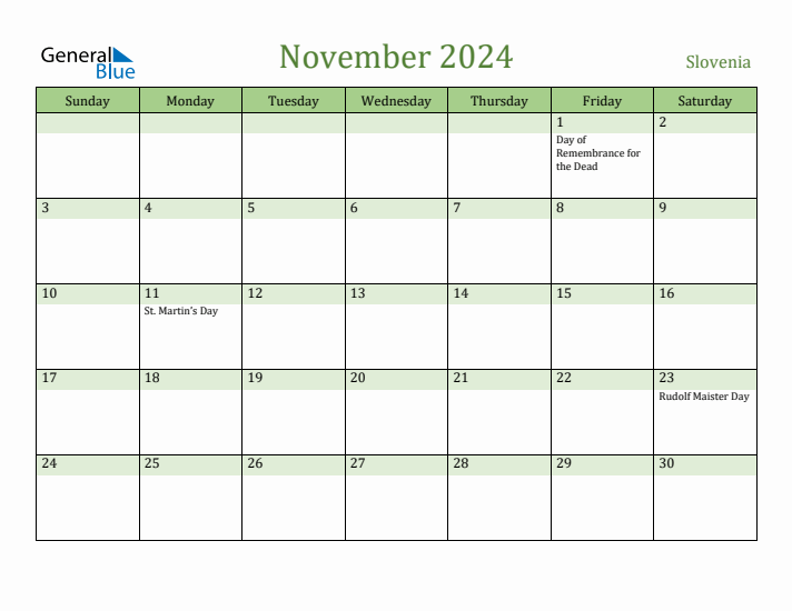November 2024 Calendar with Slovenia Holidays
