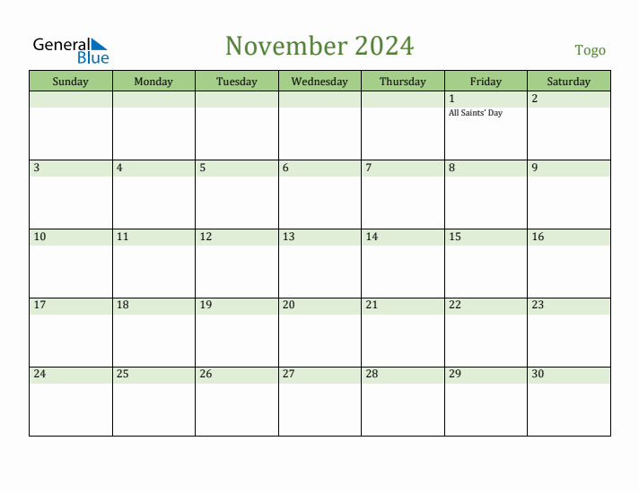 November 2024 Calendar with Togo Holidays