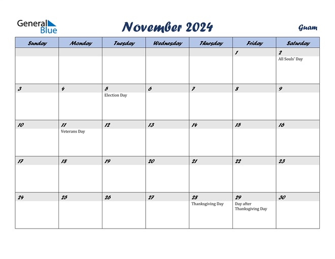 Guam November 2024 Calendar with Holidays