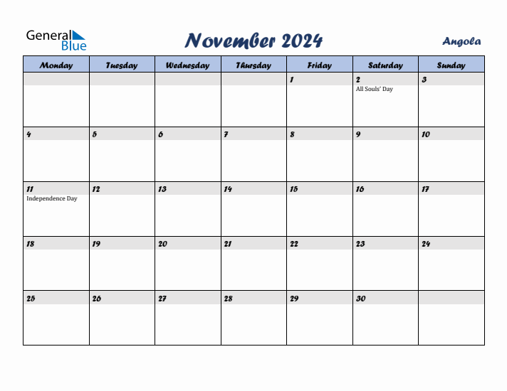 November 2024 Calendar with Holidays in Angola