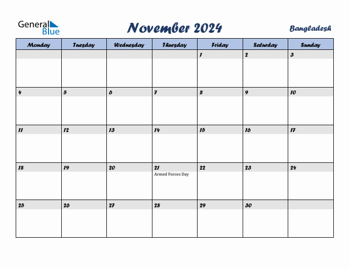 November 2024 Calendar with Holidays in Bangladesh