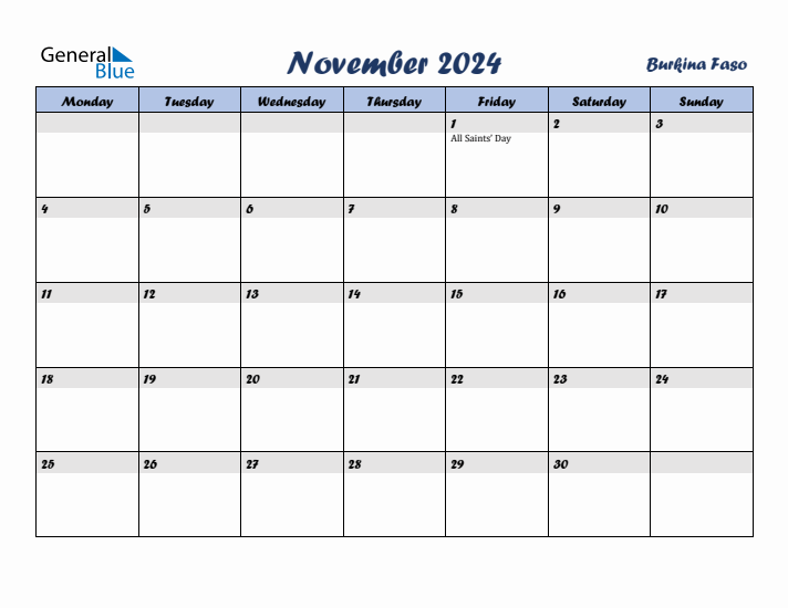 November 2024 Calendar with Holidays in Burkina Faso