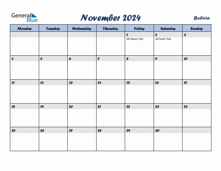 November 2024 Calendar with Holidays in Bolivia