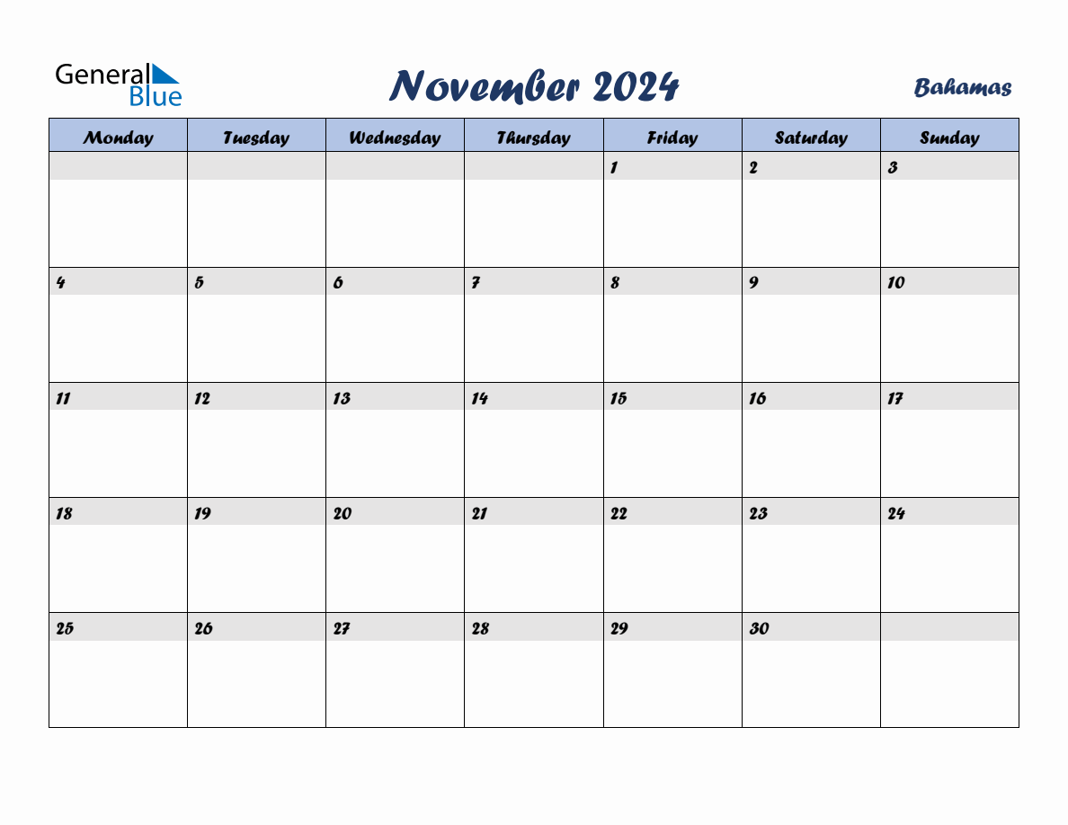 November 2024 Monthly Calendar Template with Holidays for Bahamas