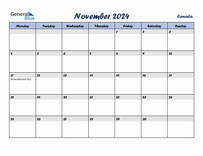 November 2024 Calendar with Holidays in Canada