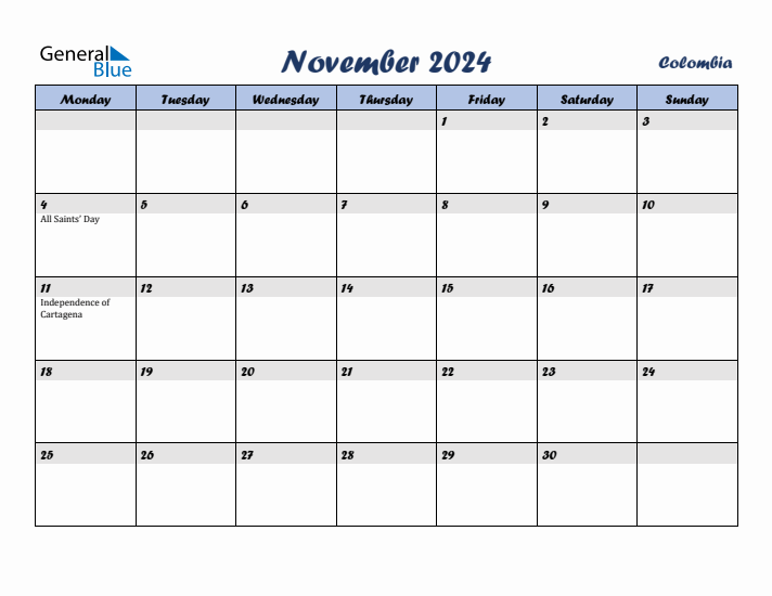 November 2024 Calendar with Holidays in Colombia