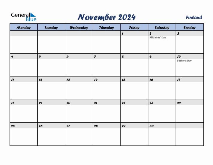 November 2024 Calendar with Holidays in Finland