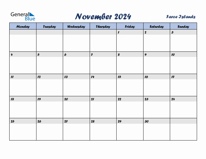 November 2024 Calendar with Holidays in Faroe Islands
