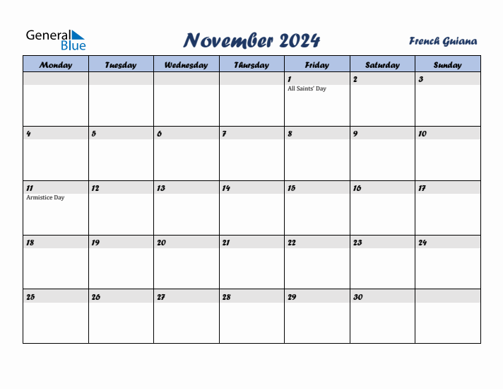 November 2024 Calendar with Holidays in French Guiana