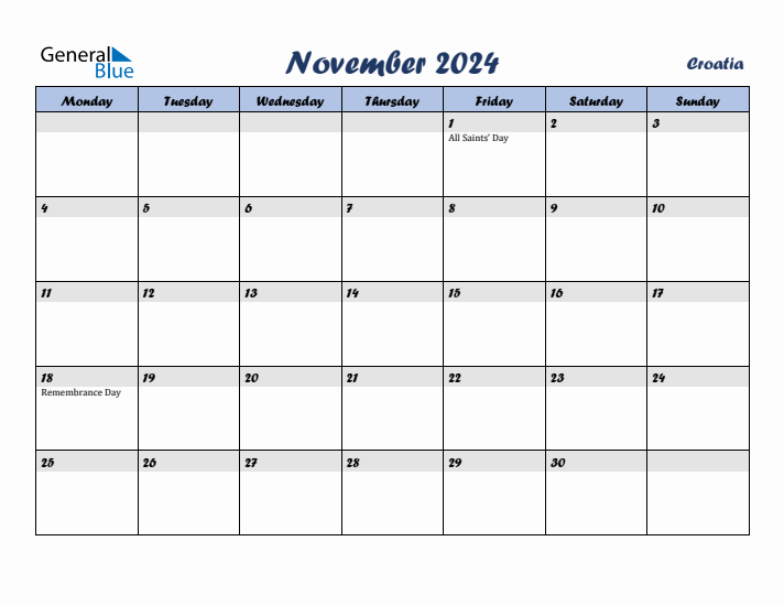 November 2024 Calendar with Holidays in Croatia