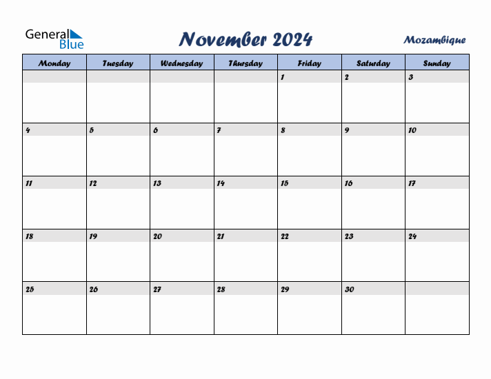 November 2024 Calendar with Holidays in Mozambique