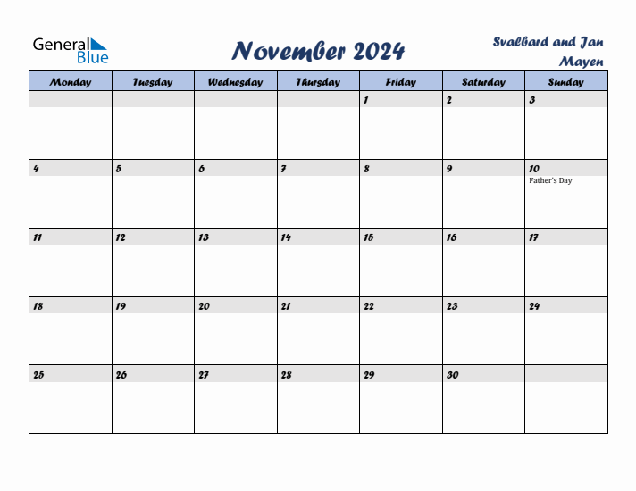 November 2024 Calendar with Holidays in Svalbard and Jan Mayen