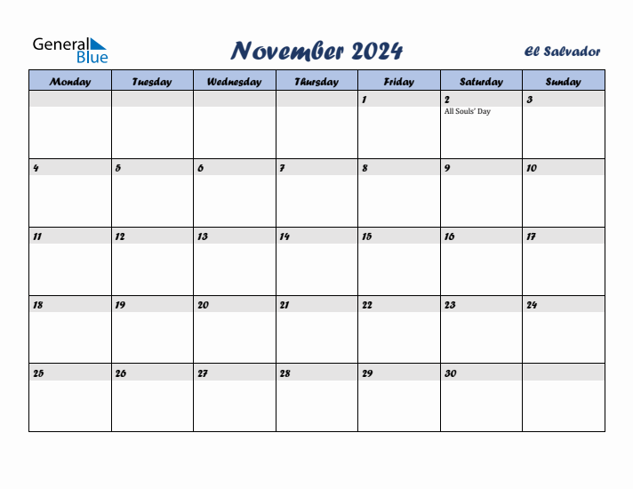 November 2024 Calendar with Holidays in El Salvador