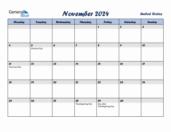 November 2024 Calendar with Holidays in United States