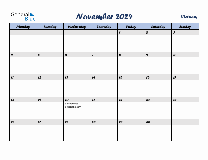 November 2024 Calendar with Holidays in Vietnam