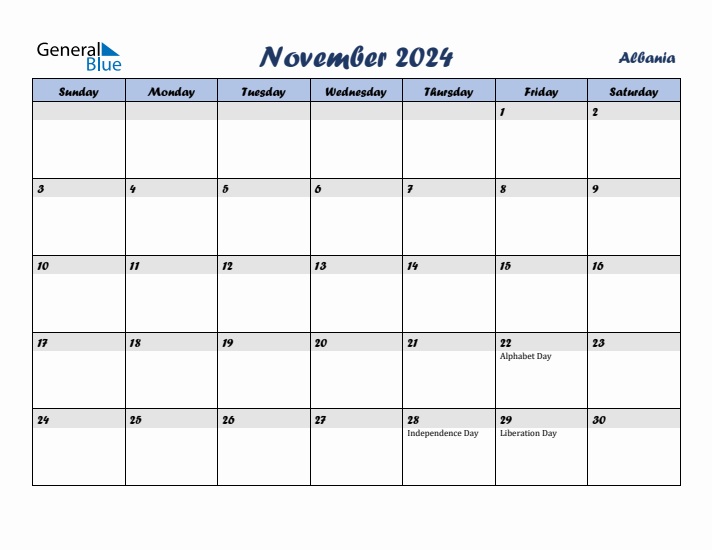 November 2024 Calendar with Holidays in Albania
