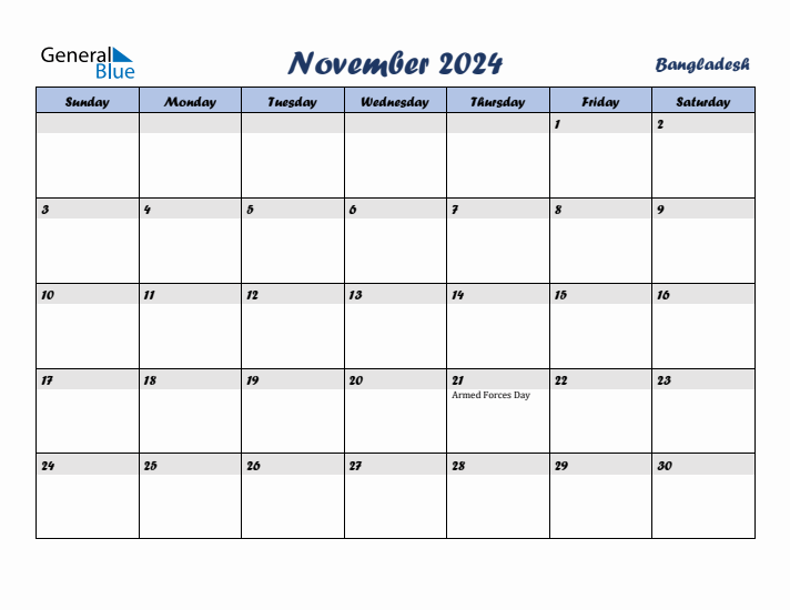 November 2024 Calendar with Holidays in Bangladesh