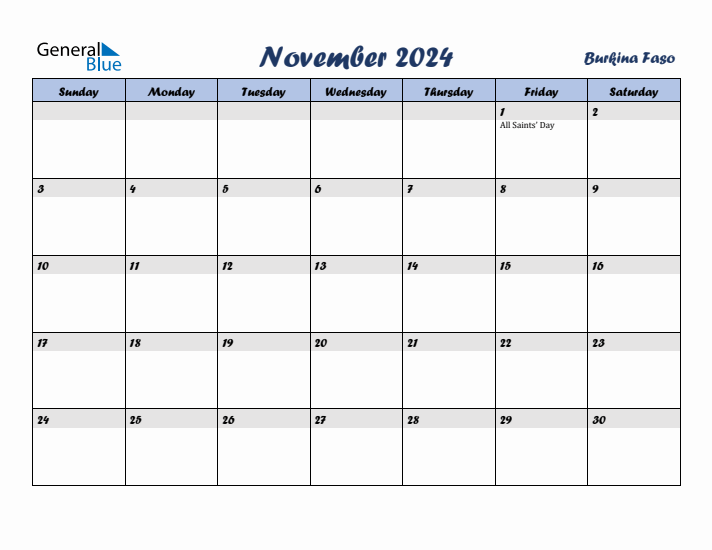 November 2024 Calendar with Holidays in Burkina Faso