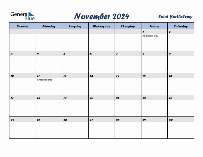 November 2024 Calendar with Holidays in Saint Barthelemy
