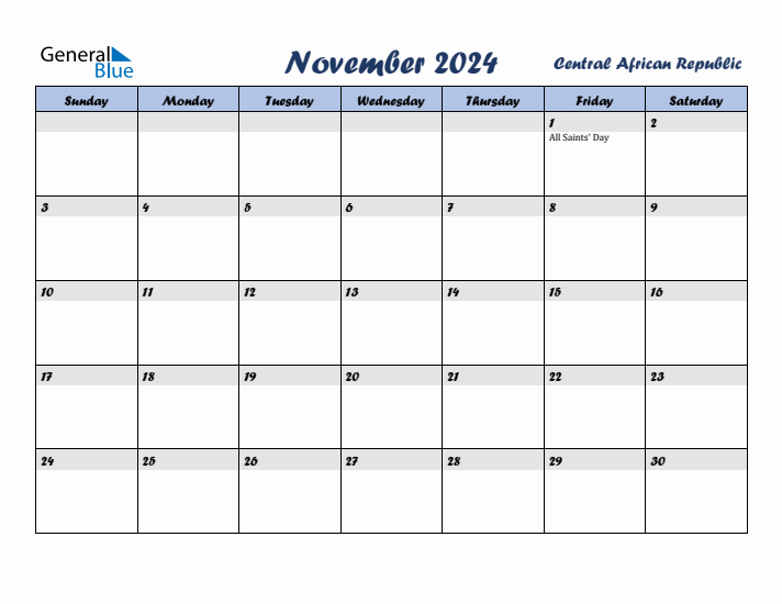 November 2024 Calendar with Holidays in Central African Republic