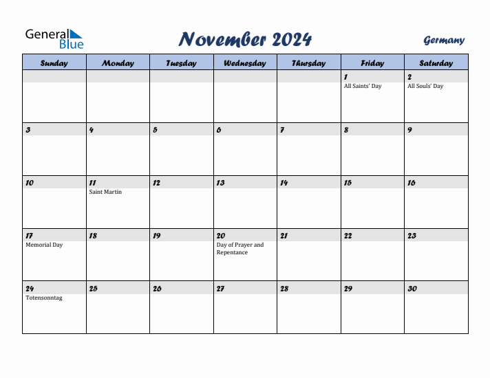 November 2024 Calendar with Holidays in Germany