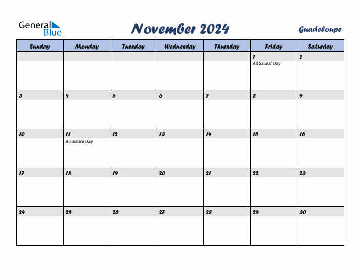 November 2024 Calendar with Holidays in Guadeloupe