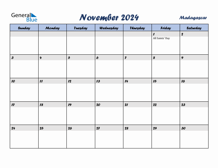 November 2024 Calendar with Holidays in Madagascar
