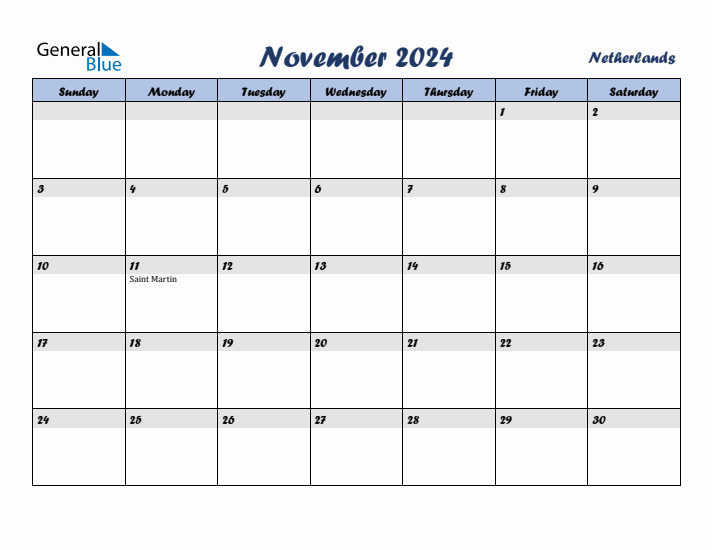 November 2024 Calendar with Holidays in Netherlands