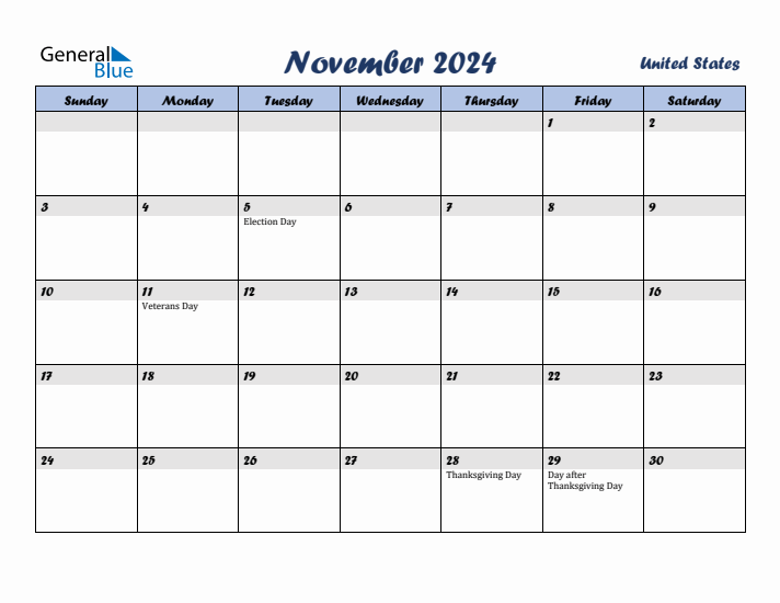 November 2024 Calendar with Holidays in United States