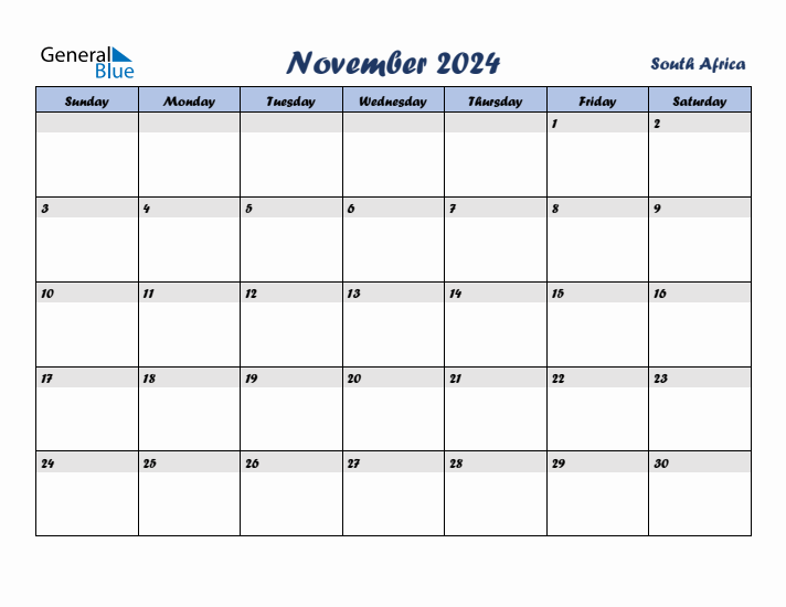 November 2024 Monthly Calendar Template with Holidays for South Africa