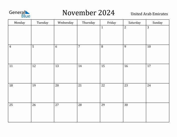 November 2024 Calendar United Arab Emirates