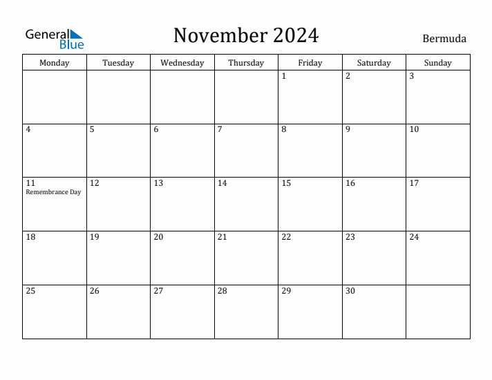 November 2024 Bermuda Monthly Calendar with Holidays
