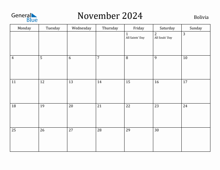November 2024 Calendar Bolivia