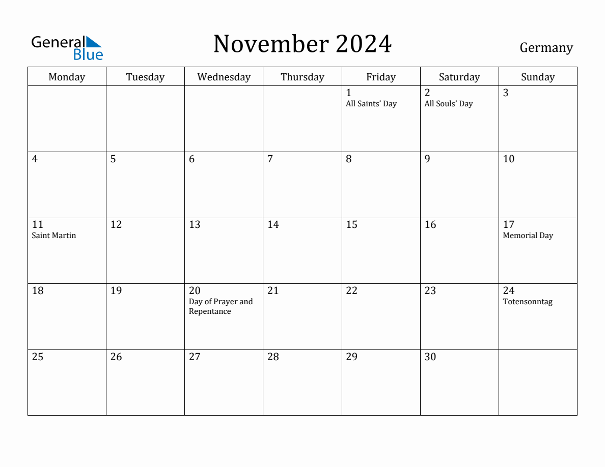 November 2024 Germany Monthly Calendar with Holidays