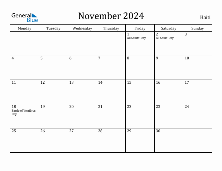 November 2024 Haiti Monthly Calendar with Holidays